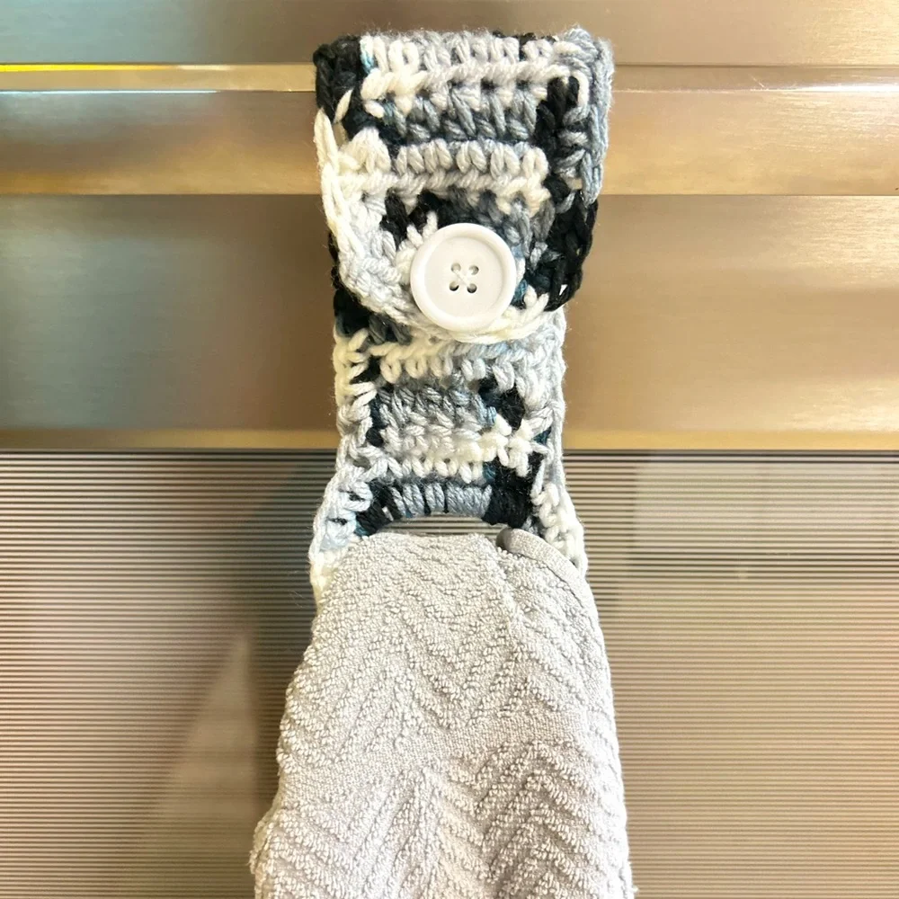 HAND CRAFTED Colorful Crocheted Black & Gray Reusable Button Towel Holder Hanger